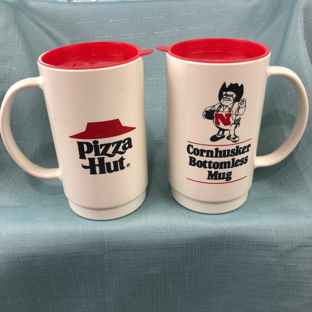 Vintage Pizza Hut Nebraska Cornhusker Bottomless Mug Set of 2 Plastic Travel Lid
